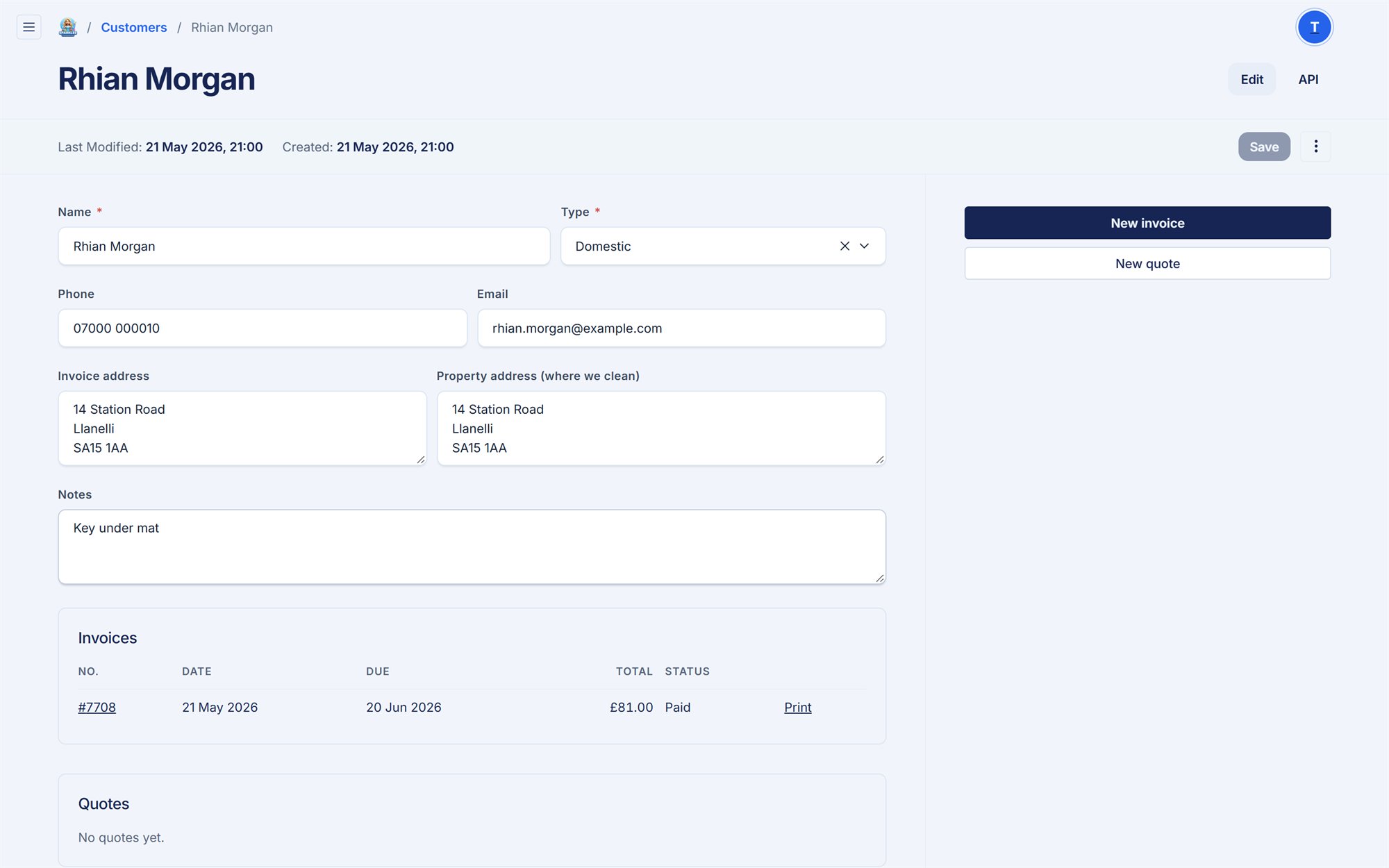 A customer record, with every invoice and quote
