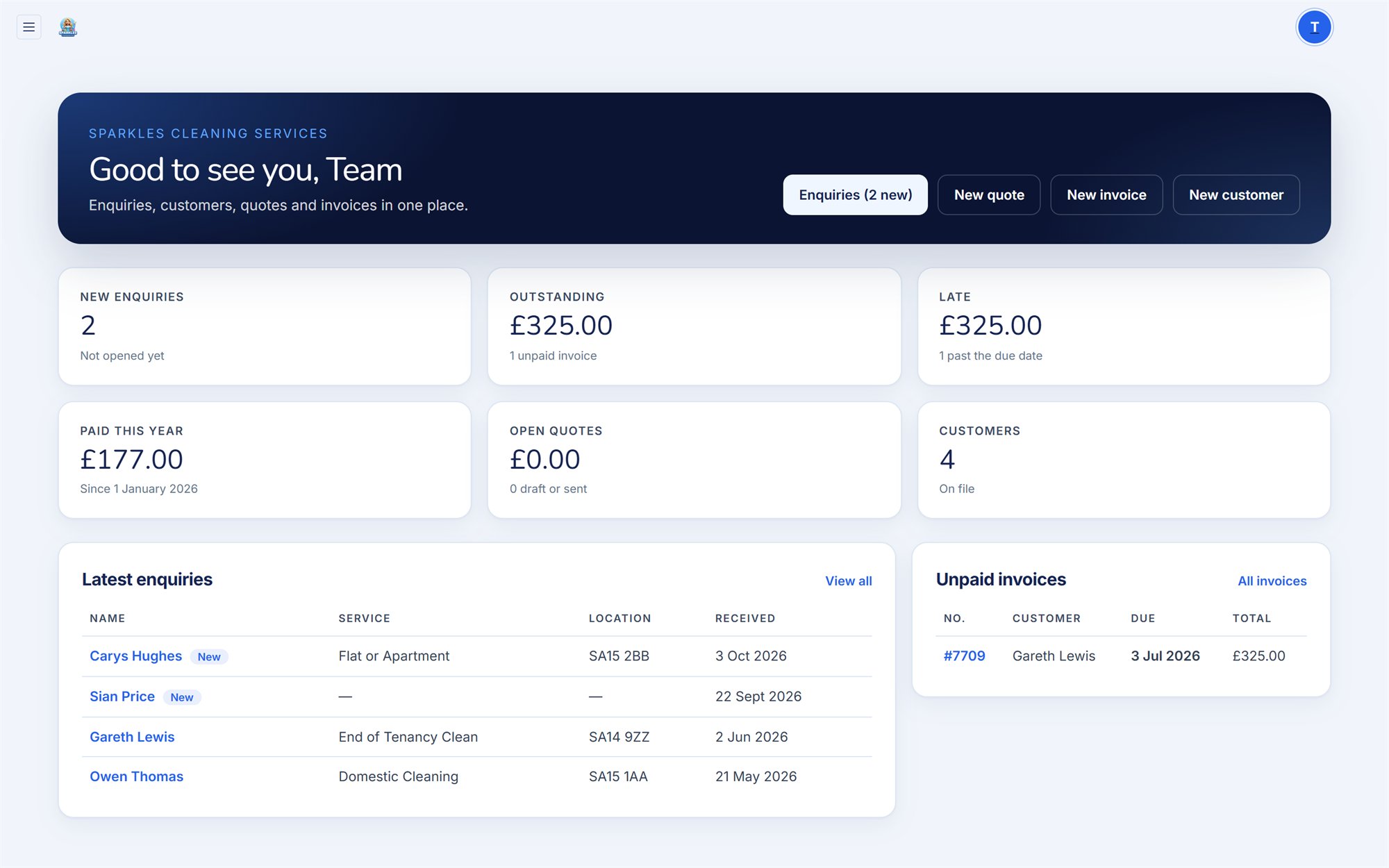 The dashboard, with new enquiries and unpaid invoices