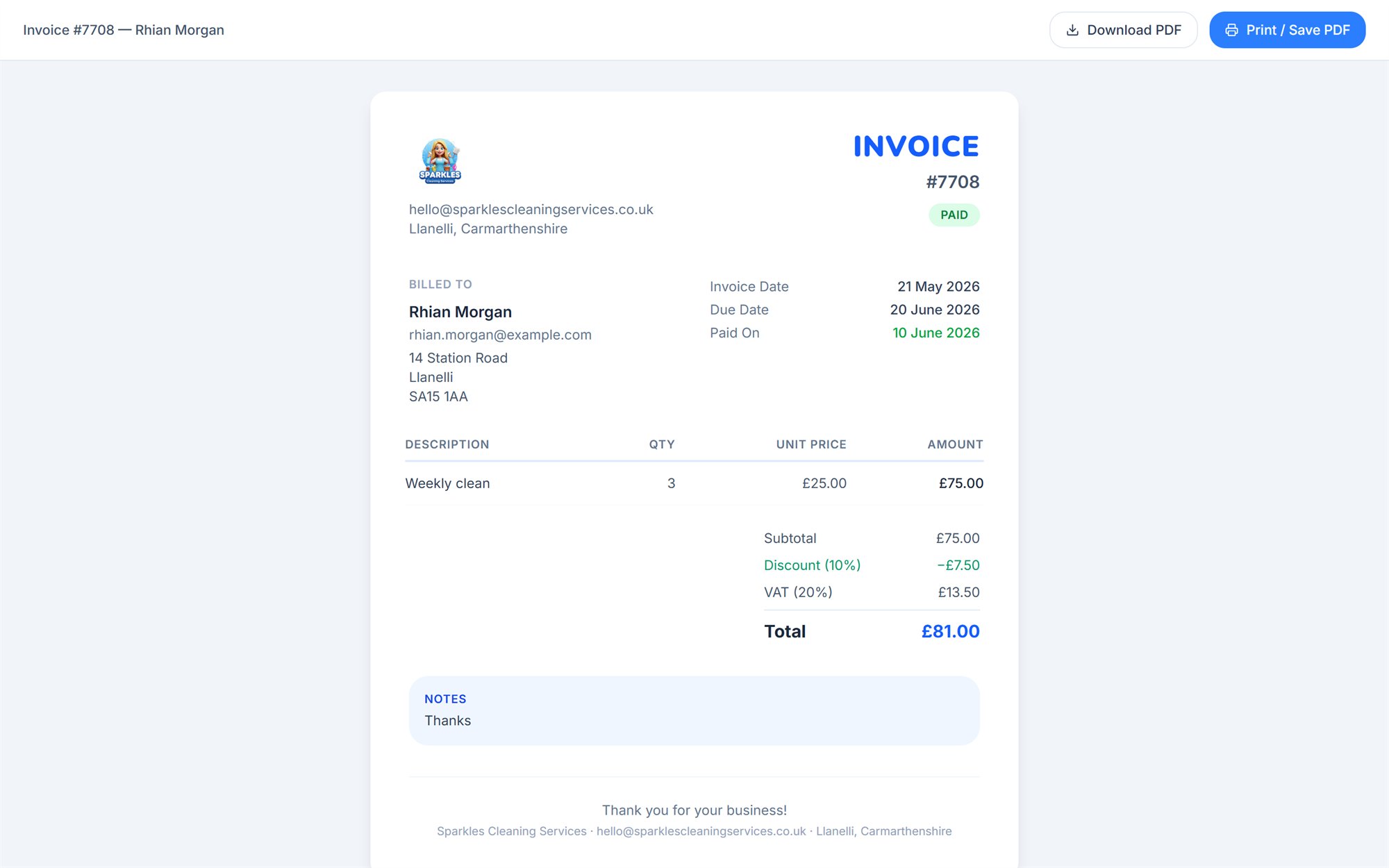 The printable invoice, ready to save as a PDF