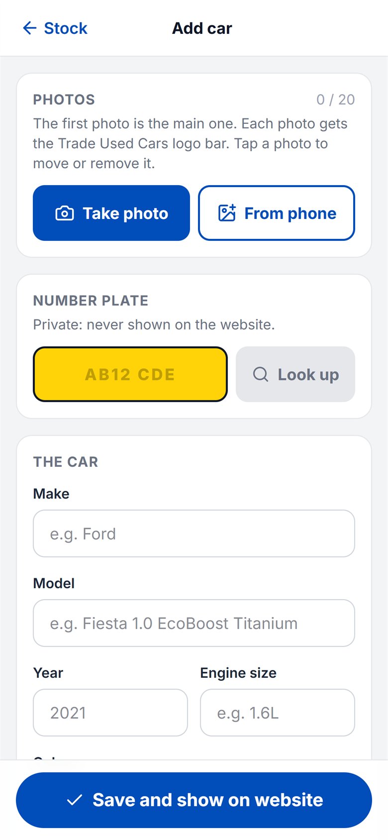 Adding a car, with photos from the phone camera