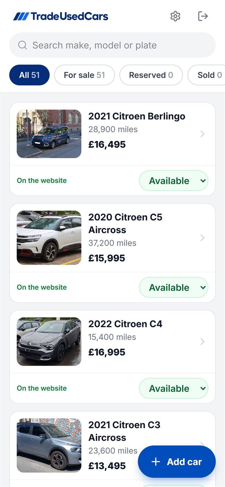 The stock app, with every car and its status