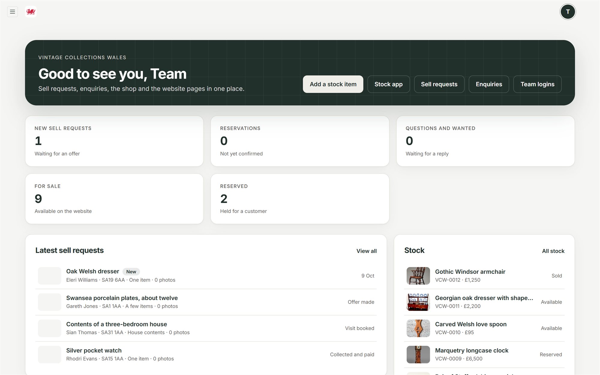 The dashboard, with sell requests and stock on one screen