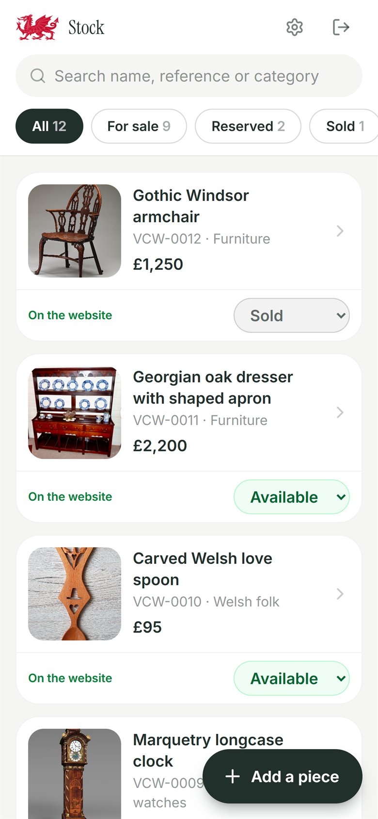 The stock app, with every piece and its status