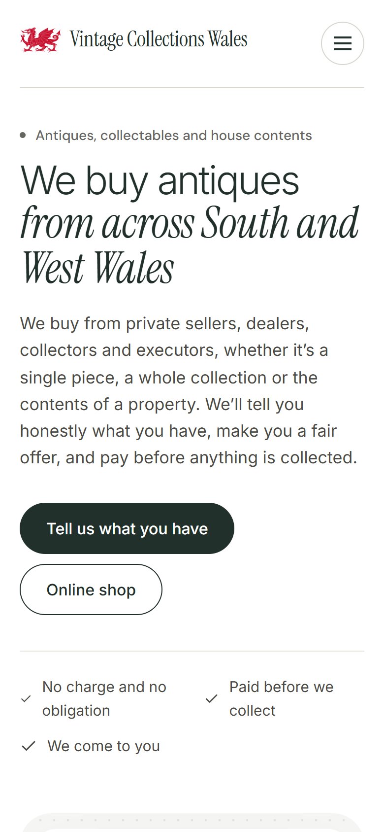 Vintage Collections Wales website on a phone