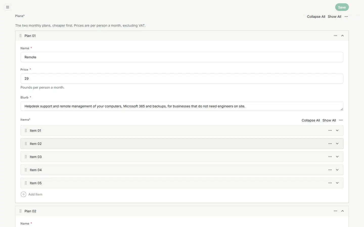 A plan and its price in the admin