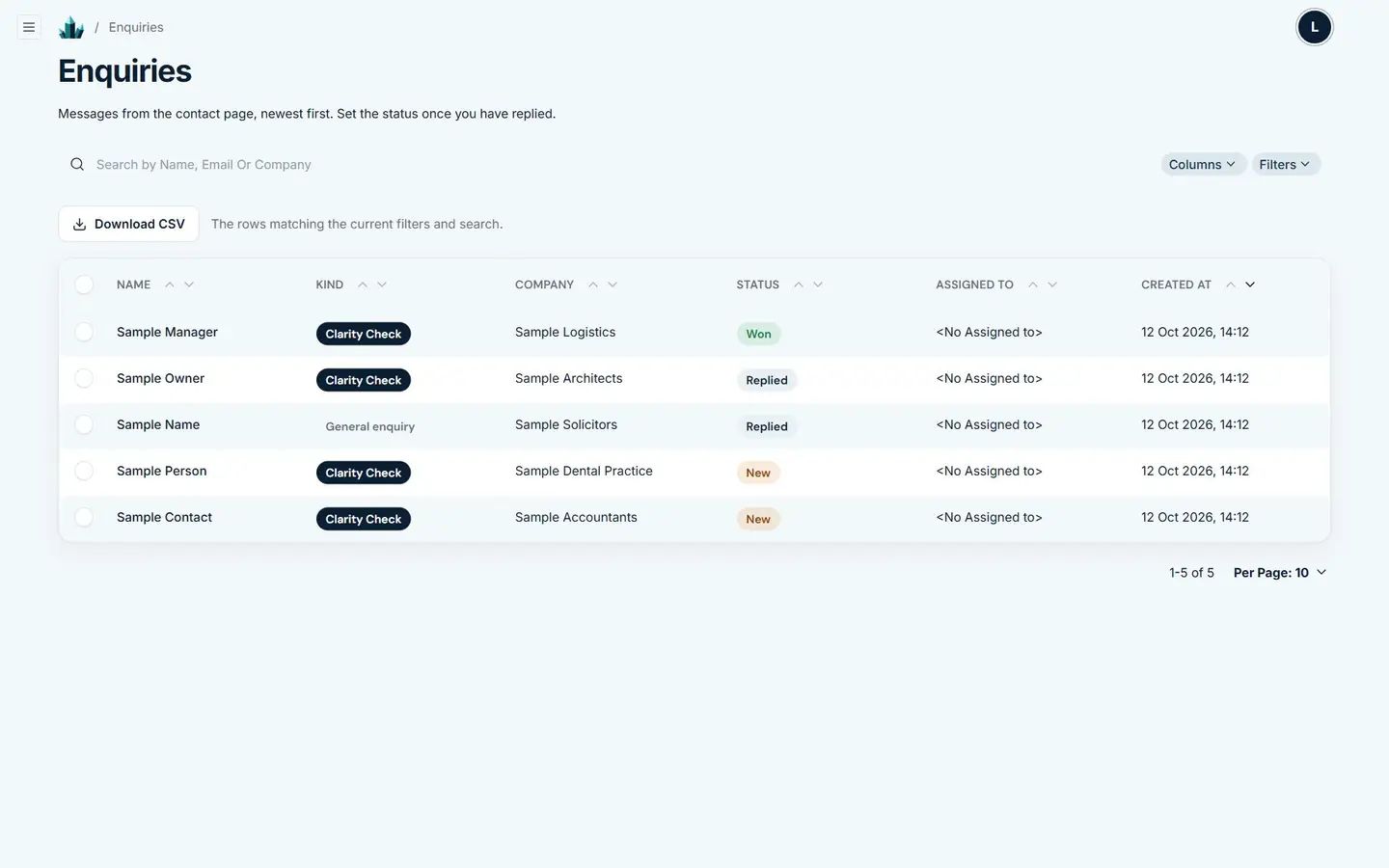 Requests in the admin, shown with sample requests