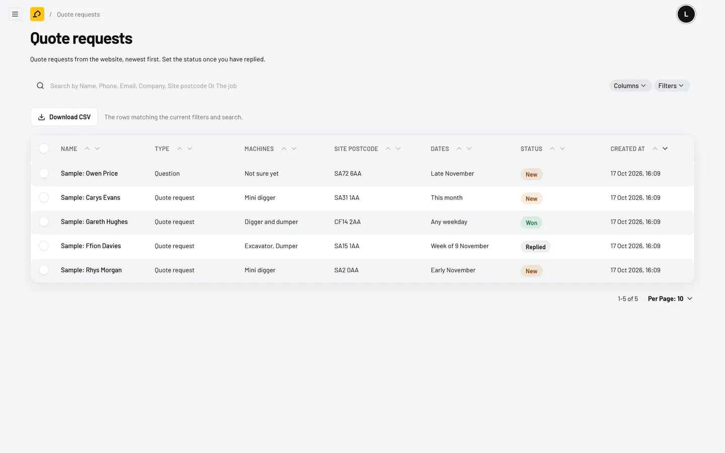 Quote requests in the admin, shown with sample requests