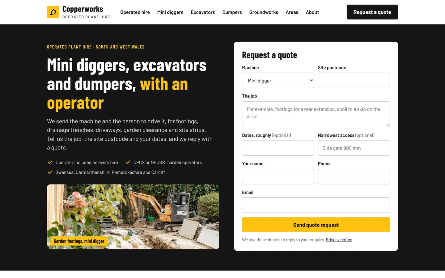 Copperworks Plant Hire website on a desktop screen