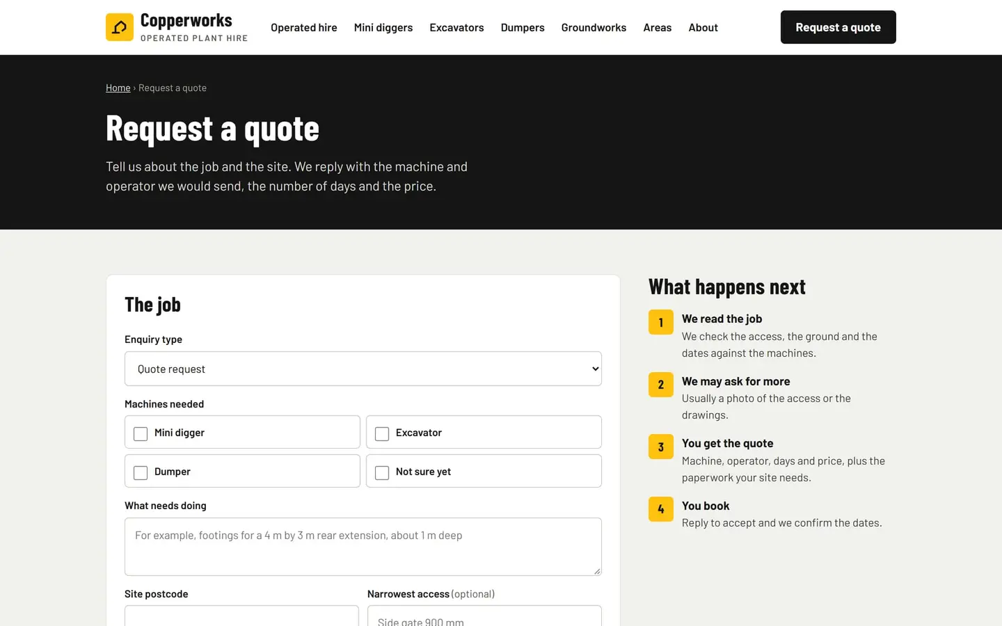The request a quote page