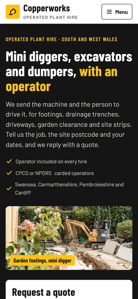 Copperworks Plant Hire website on a phone