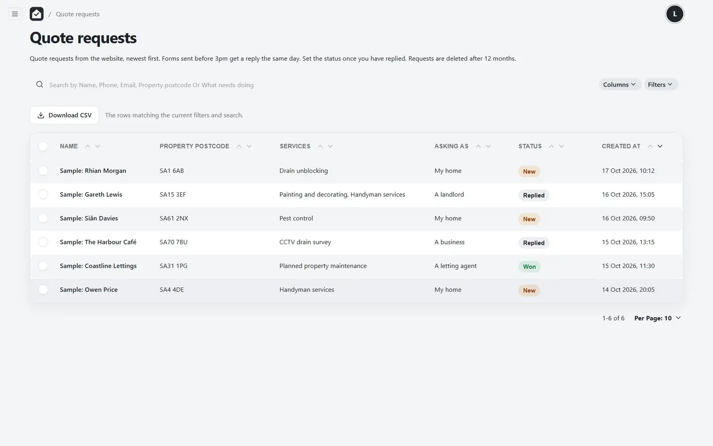Quote requests in the admin, shown with sample requests
