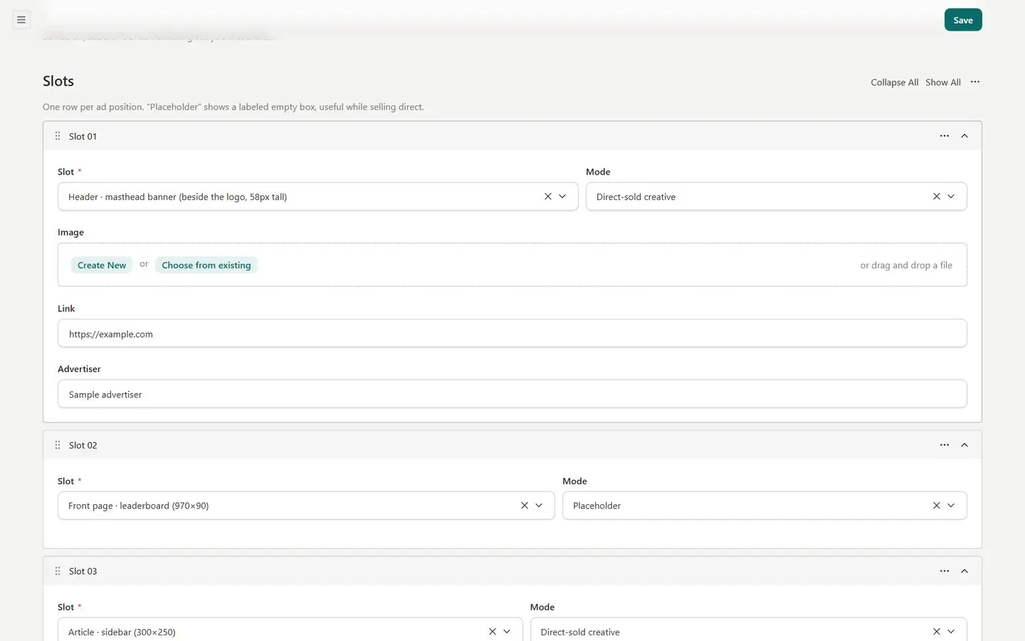 Advert slots in the admin, shown with sample entries