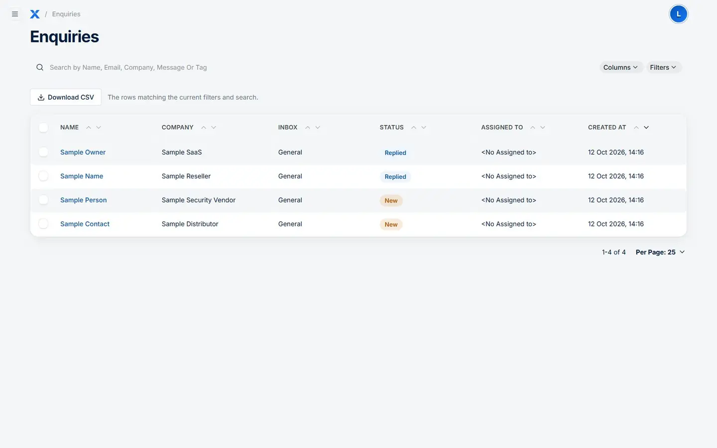 The enquiries inbox, shown with sample enquiries